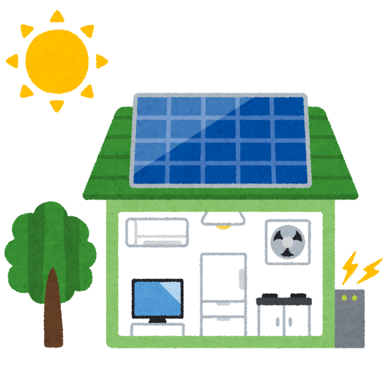 太陽光パネルを載せている家で自家発電しているイラスト